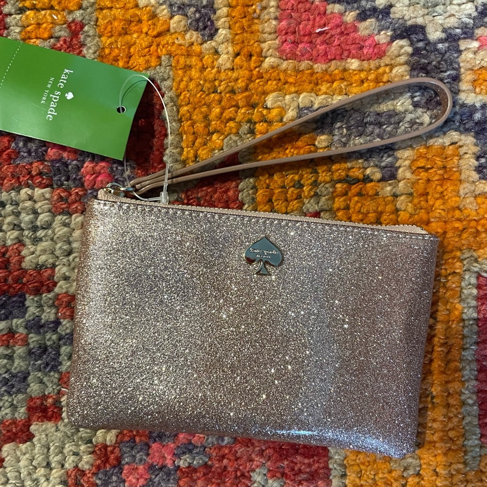 Kate Spade Bee Glitterbug Rose Gold Wristlet Mini Bag Pouch Glitter Pink